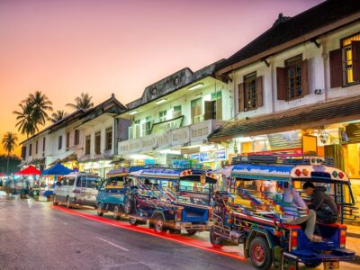 Street in old town Luang Prabang, Laos at sunset
